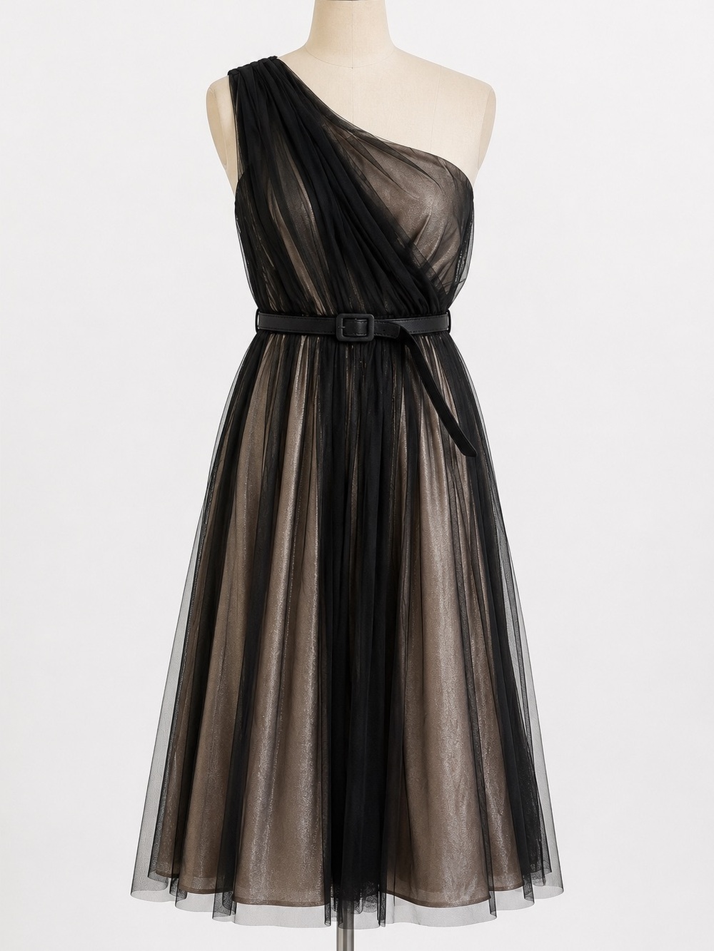 Kay Unger Black Gold One Shoulder Tulle Midi Dress Belted Size 6 NWT